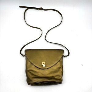 Vintage 80s d'Rossana by Charna Metallic Gold Leather Lock Charm Crossbody Purse